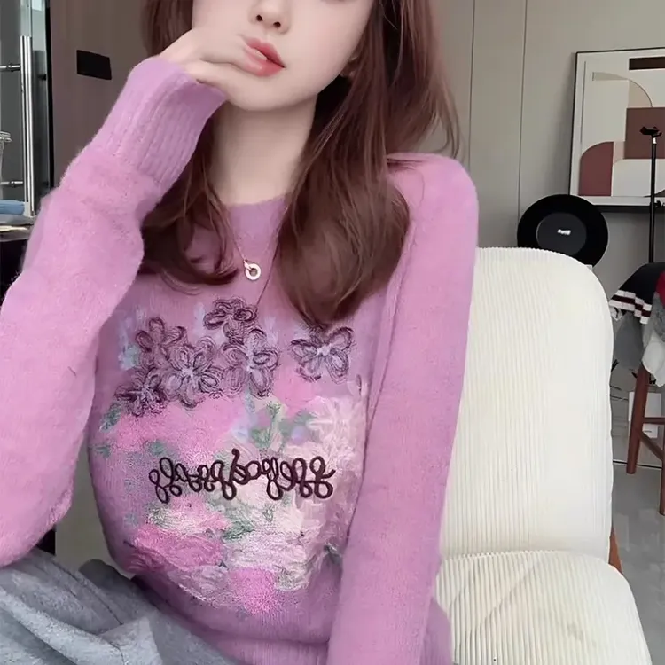 时尚洋气设计感提花圆领百搭打底针织衫秋冬新款百搭软糯长袖上衣