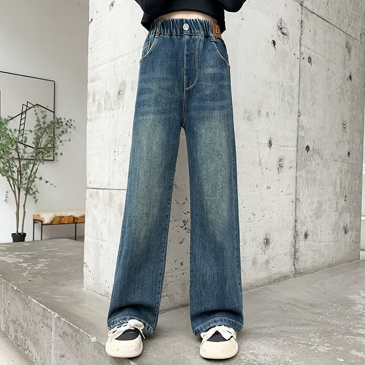 女童阔腿牛仔裤春季新款韩版洋气高腰直筒裤宽松大童春秋外穿裤子