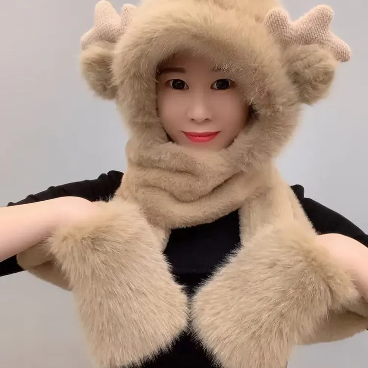 帽子女2025新款冬季骑车保暖帽子围巾一体手套围脖秋冬防寒