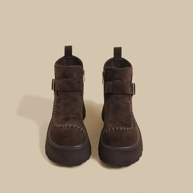 2025秋冬季新款厚底马丁靴女棕色绒面短靴增高轻便显瘦百搭勃肯鞋