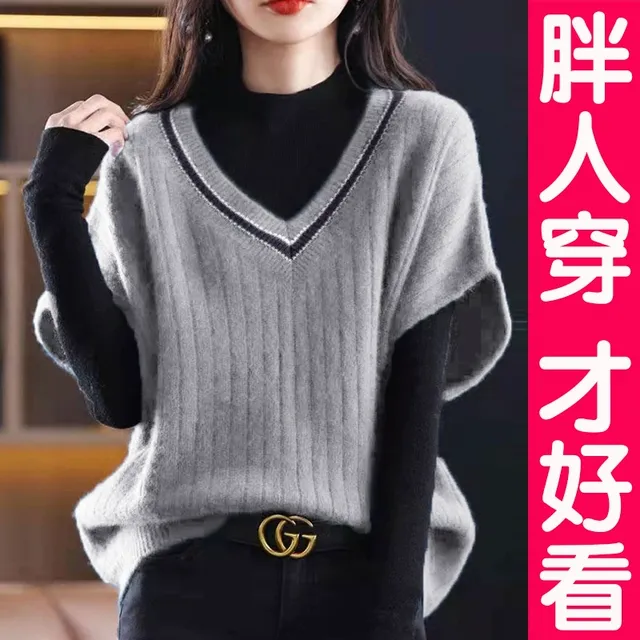 大码V领针织马甲背心女胖妹妹坎肩毛衣毛线外搭无袖上衣胖mm秋冬
