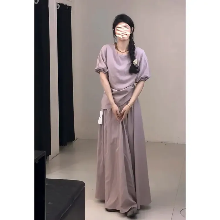 2025独特漂亮套装女夏季衣服圆领短袖上衣高腰显瘦A字半身裙