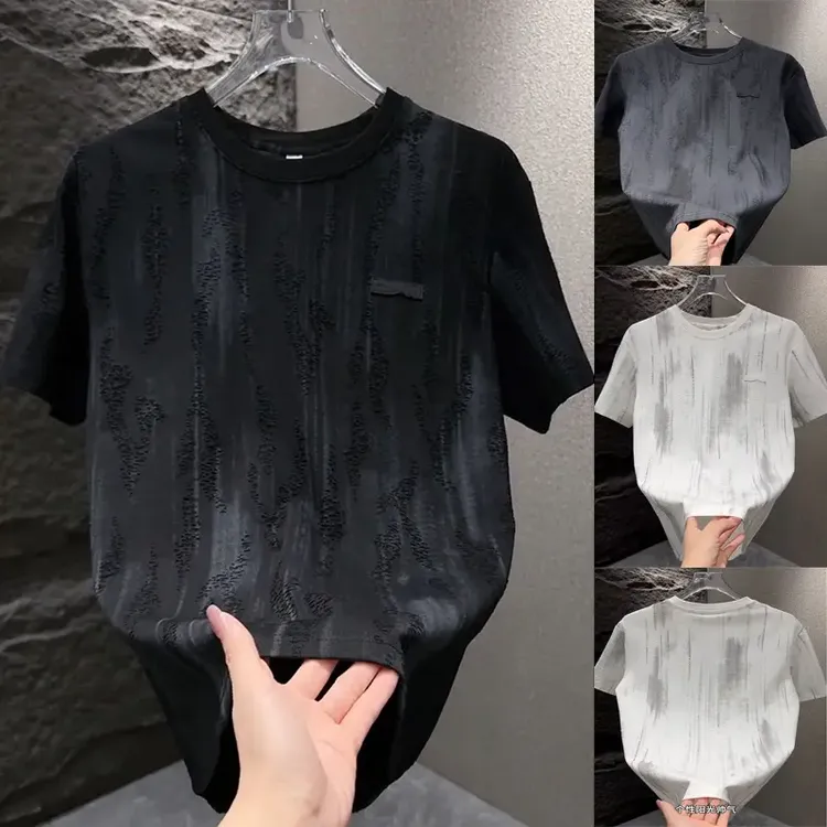 日系简约百搭圆领T恤2025夏季凉感时尚半截袖青年刮烂个性设计短T