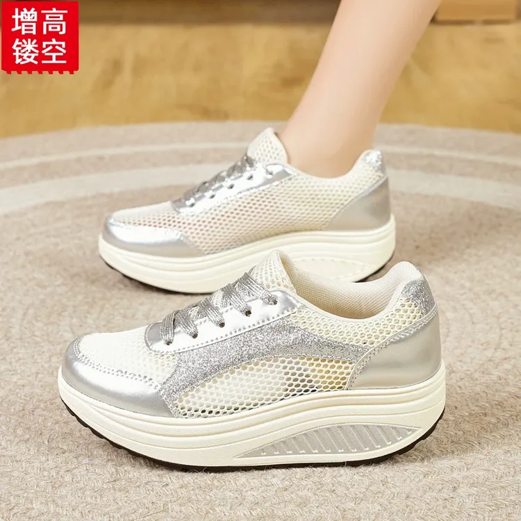 2025夏季薄款厚底摇摇鞋女镂空透气网鞋舒适软底不累脚妈妈旅游鞋