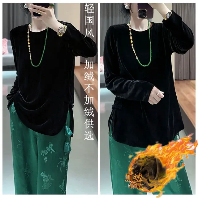 轻国风新中式金丝绒圆领T恤女士春秋冬新款盘扣设计内搭外穿上衣