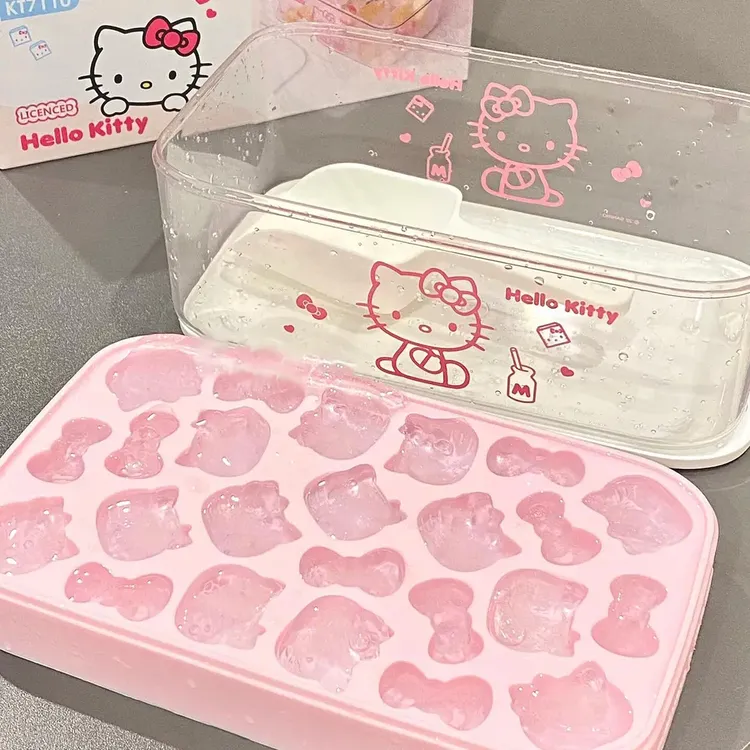 可爱凯蒂猫造型家用多功能冰块模具硅胶冰格卡通带盖制冰器制冰盒