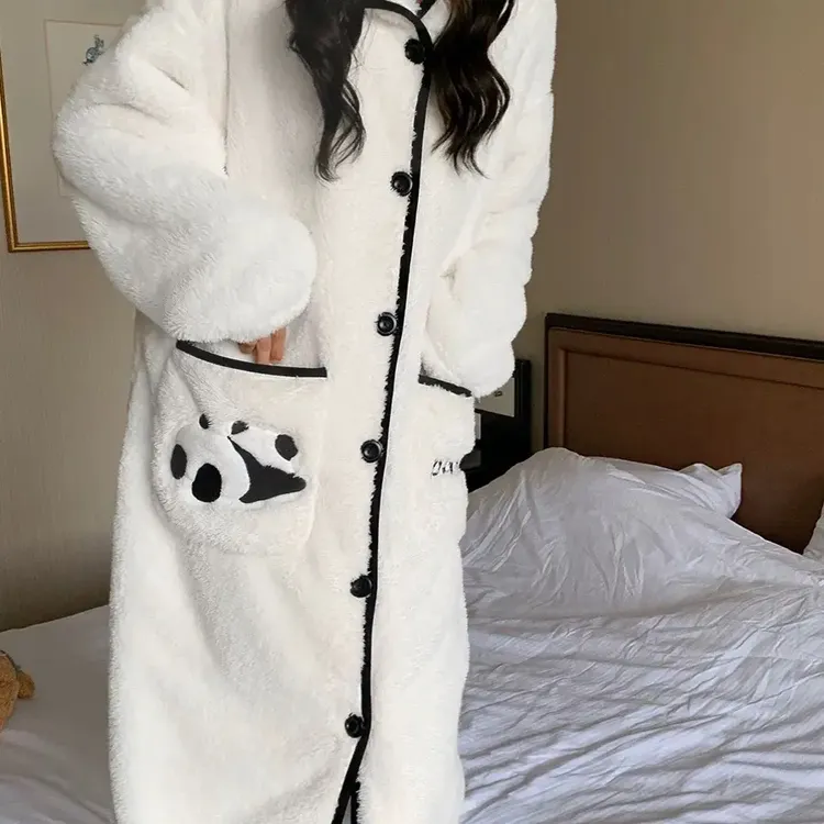2025秋冬女款加绒加厚耳朵连帽珊瑚绒可爱睡袍柔软舒适保暖外穿