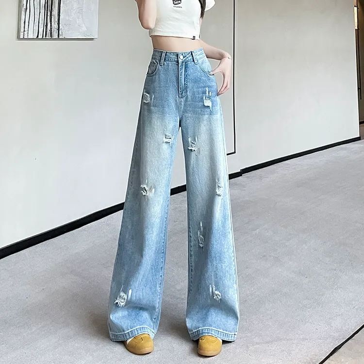 蜜蜜穿搭破洞阔腿时髦牛仔裤女2025新款秋季流行宽松美式辣妹裤子