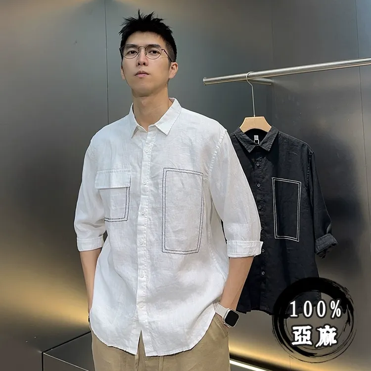2025夏季新款明线设计100%纯亚麻七分袖衬衫男新中式翻领打底衬衣