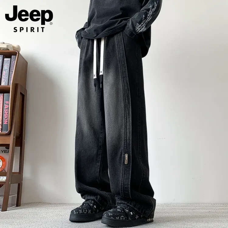 JEEPSPIRIT吉普男士牛仔裤男款潮牌宽松直筒阔腿男裤秋冬款裤子男