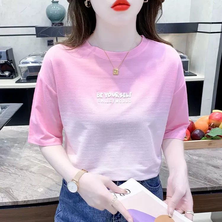 字母烫花设计感小众扎染短袖t恤女宽松纯棉休闲上衣2025爆款夏装