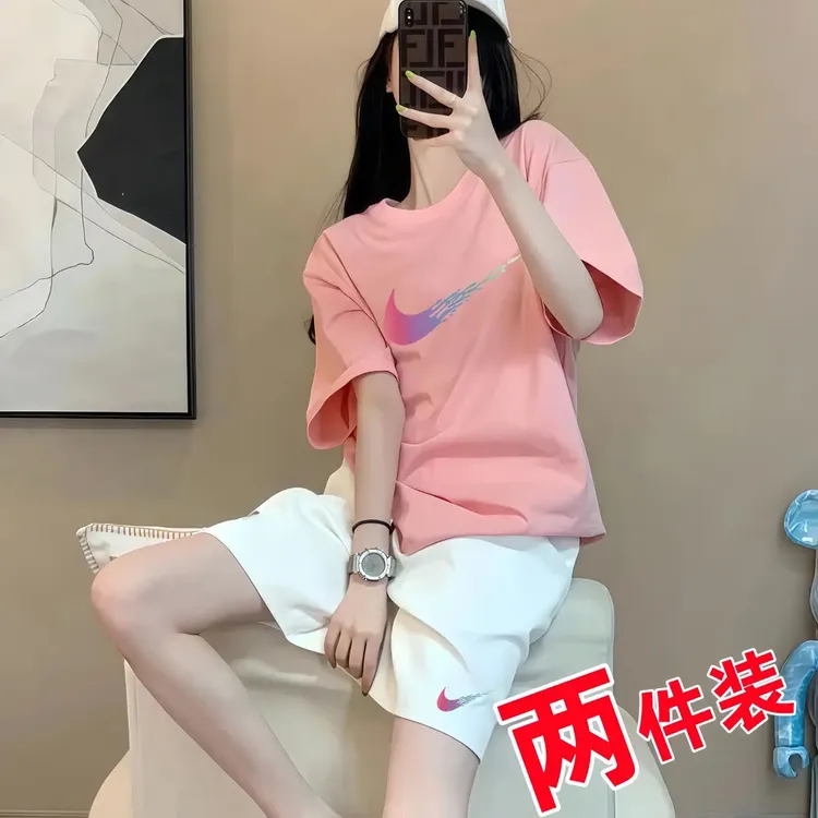 奥特莱斯正品夏季女生休闲纯棉短袖T恤短裤搭配两件套男女可穿