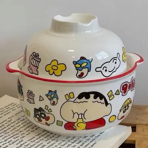 蜡笔泡面碗微波炉加热可用宿舍带盖易清洗可爱碗盘餐具大号碗卡通