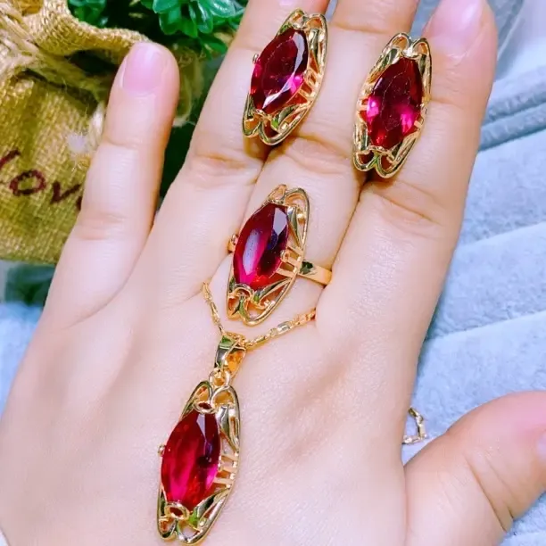 合金树脂耳饰 yakutrang玫红色耳环送戒指项链 民族风