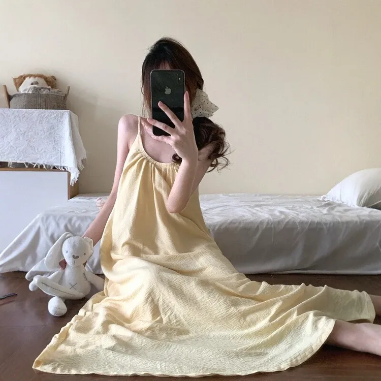 睡裙女夏带胸垫淡黄色云朵棉长裙可外穿防走光连衣裙大码睡裙夏季