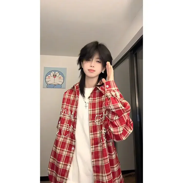 珍珠钉珠酒红色格子衬衫男女款春秋vintage美式复古情侣衬衣外套