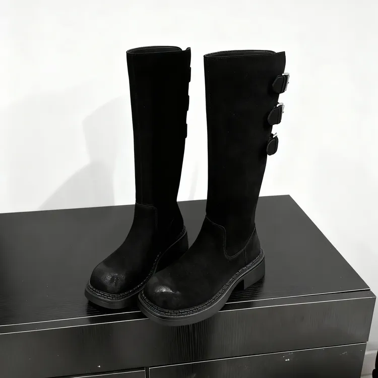 AMPL25年冬季韩版麂皮真皮粗跟厚底不过膝女马丁靴时尚加绒高筒靴