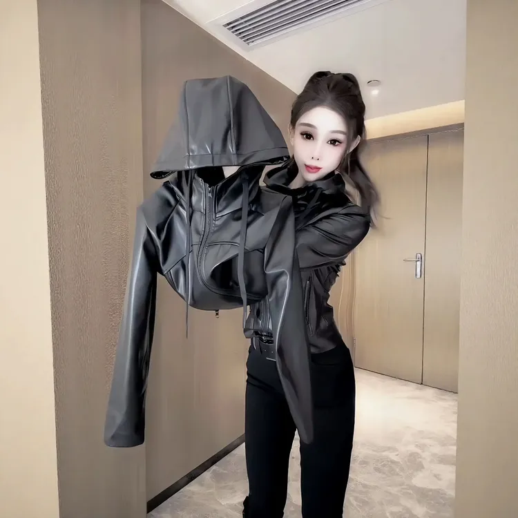 网红气质连帽女防脏秋季黑色耐磨pu皮短外套