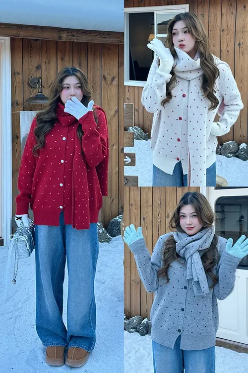 【大码】韩系复古高级感圣诞红点点针织毛衣慵懒软糯送围巾外套Q20