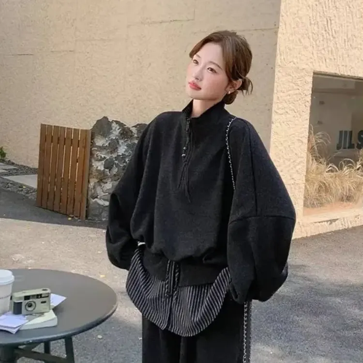 慵懒风屁帘裤两件抽绳收腰立领套装加绒阔腿显瘦