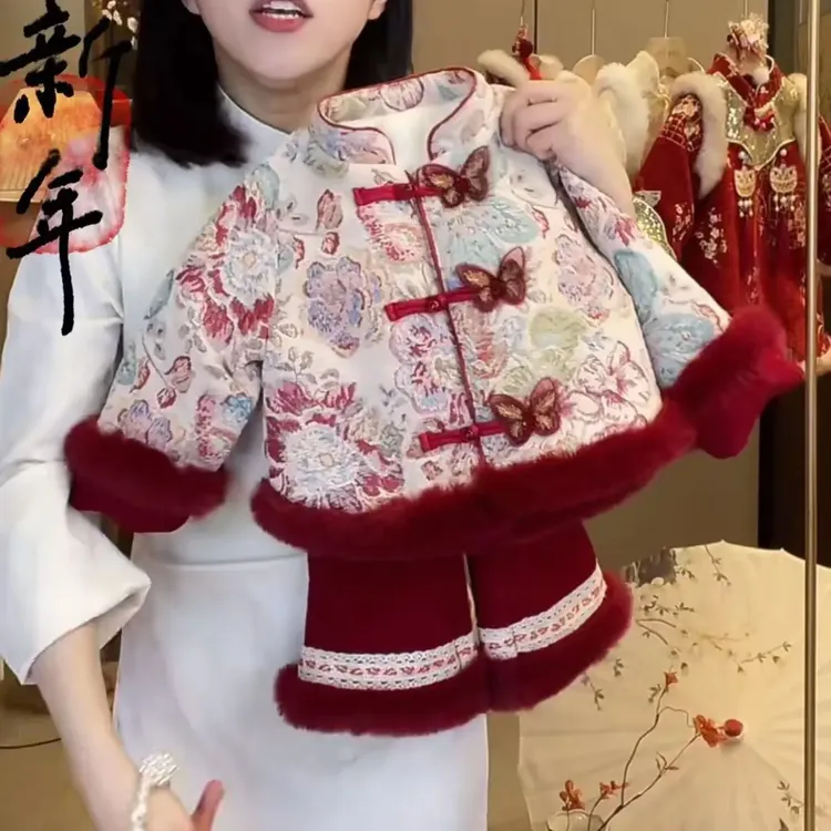 女童冬季新款拜年中式唐装加厚中国风套装宝宝周岁礼服冬装