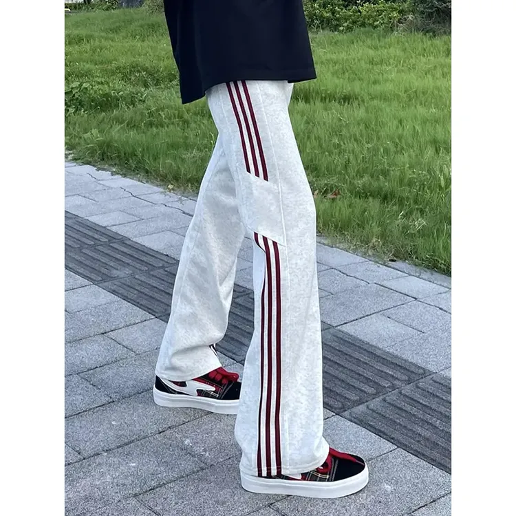 美式花灰撞色三条杠裤子男款秋季重磅直筒运动卫裤垂感条纹休闲裤