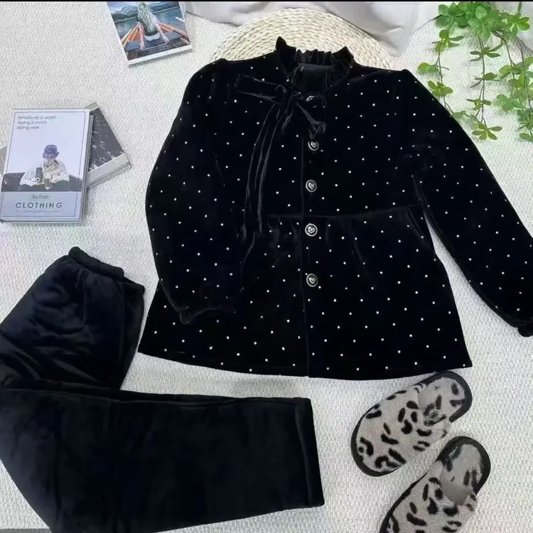 冬季三层加绒加厚亮晶晶小香风可外穿女士保暖家居服套装