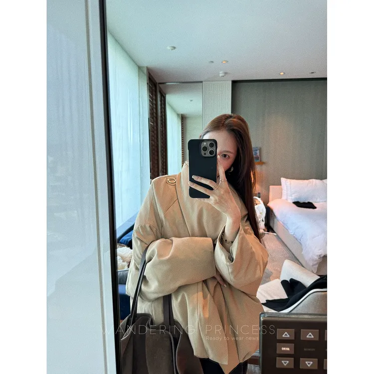 钱美西 日本进口中空纱鹅绒翻领羽绒服 设计师款宽松面包外套女