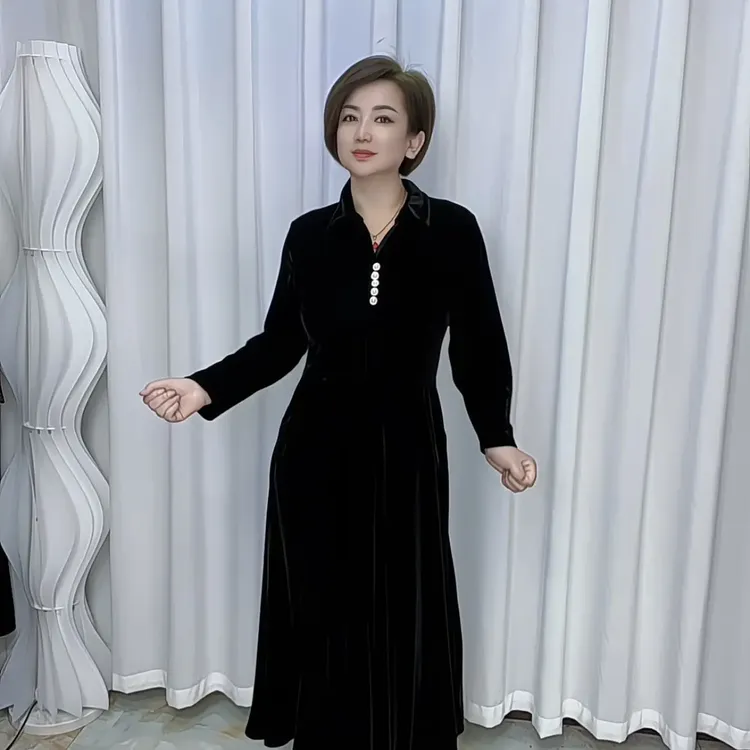 022秋冬高档丝绒长袖连衣裙有口袋洋气遮肚子显瘦宽松弹力大舒适