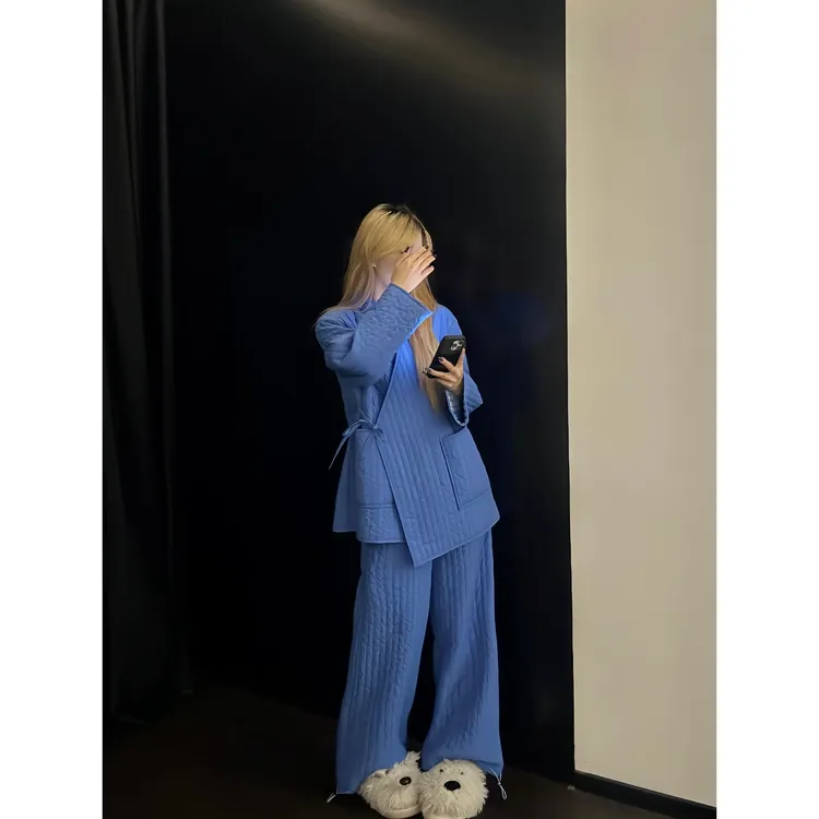 韩系简约夹棉棉服睡衣高级感蓝色女秋冬休闲保暖舒适家居服套装
