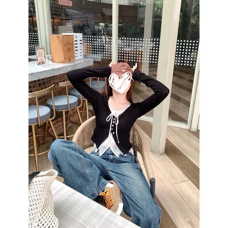 切糕自制【首尔欧尼】小个子初秋女蕾丝拼接假两件镂空长袖针织衫