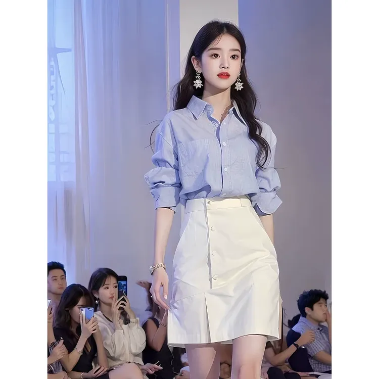 夏季2024年新款穿搭配韩系夏天时尚长袖衬衫百搭女上衣半身裙套装