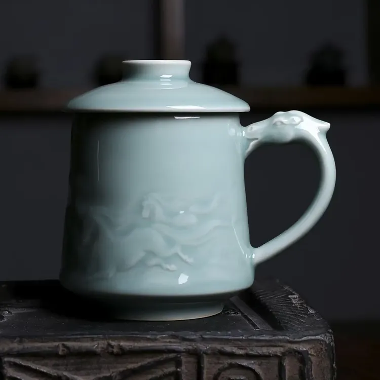 龙泉青瓷茶杯茶具家用泡茶杯带盖马克杯中式水杯陶瓷随手杯