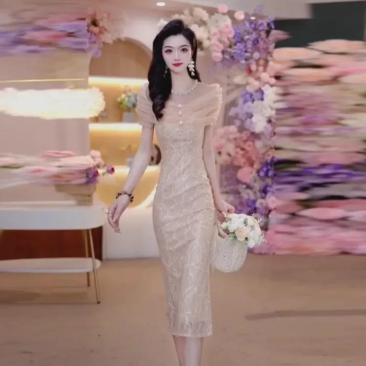 2025夏季新款气质长裙轻奢高级感上流社会掐腰法式香槟色连衣裙女