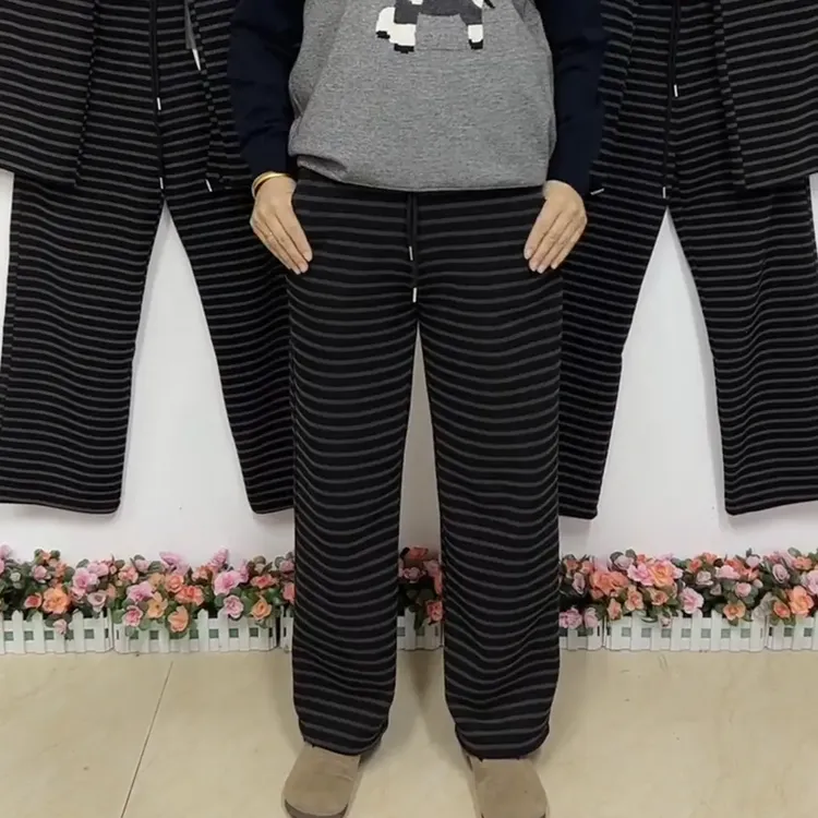 大码女士秋冬加绒加厚洋气抽绳条纹阔腿显瘦宽松休闲哈伦裤