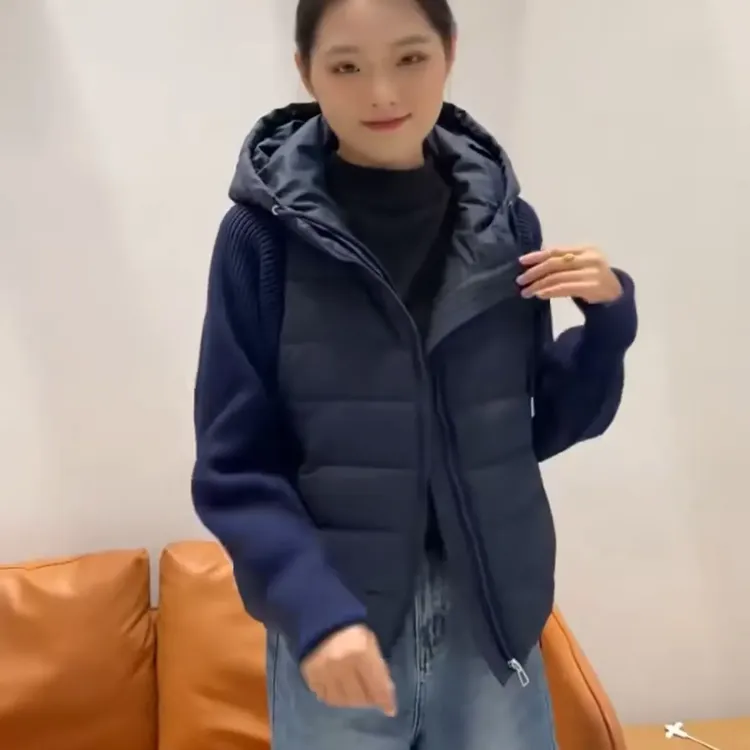 秋冬新款撞色连帽时尚拼接百搭女士保暖棉服外套