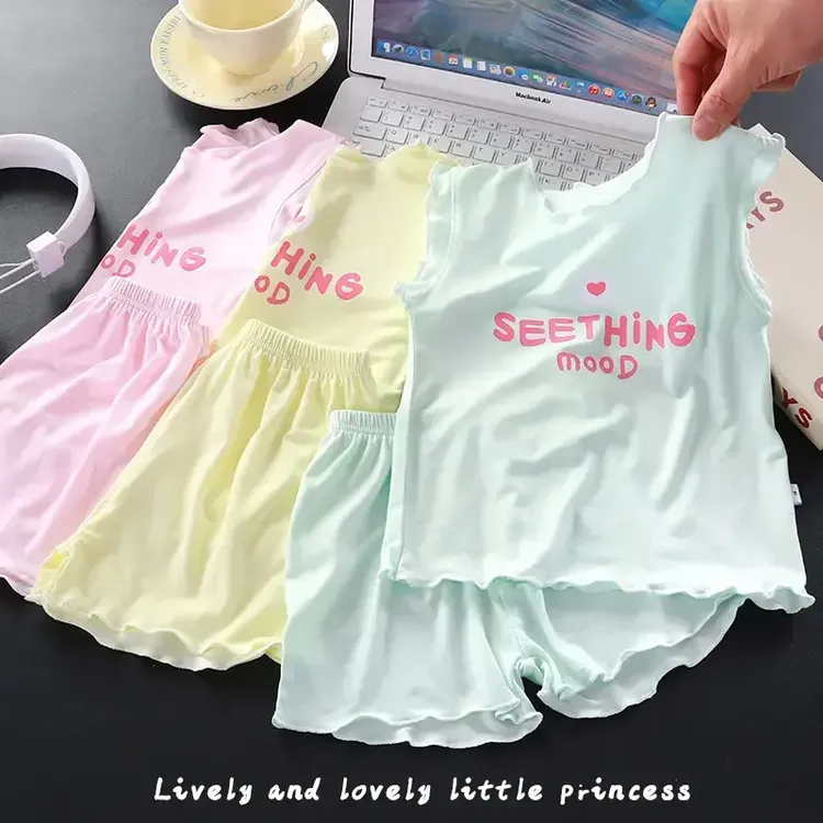 莫代尔夏季女童无袖森系薄款家居服套装女甜美洋气背心睡衣空调服