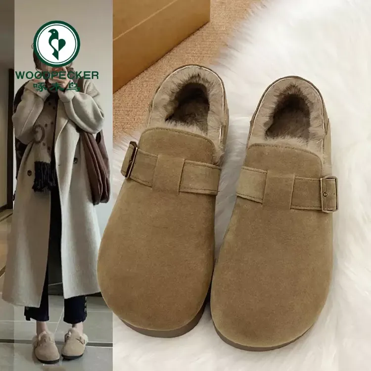 啄木鸟加绒全包勃肯鞋女款2025新款一脚蹬复古棉鞋加厚保暖雪地靴