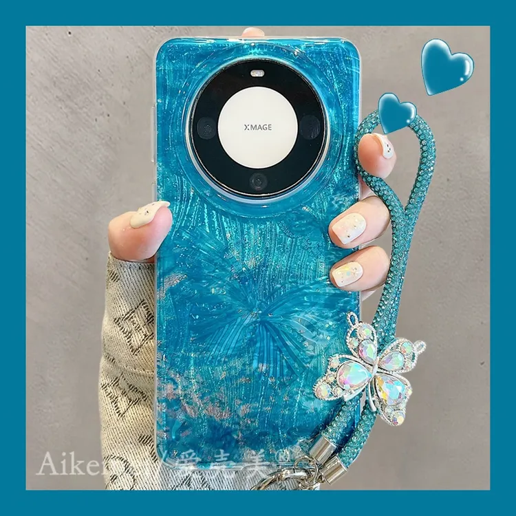 适用华为mate70pro+手机壳唯美晕染mate60pro+波浪纹蝴蝶水钻挂绳