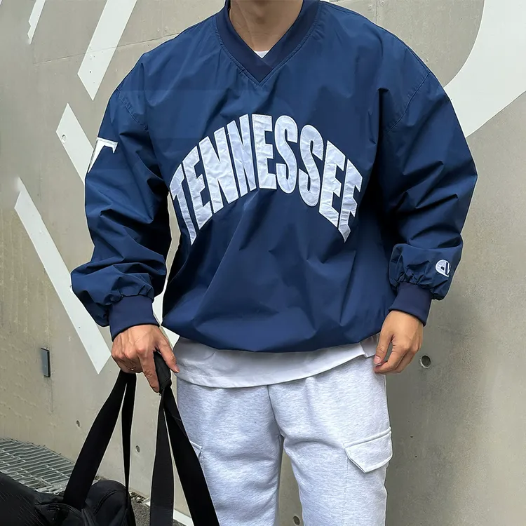 美式重磅字母印花V领蓝色长袖卫衣男秋季宽松港风套头长袖外套潮