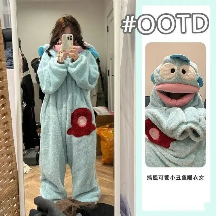 人鱼汉顿丑鱼睡衣连体珊瑚绒秋冬季加厚保暖连帽毛绒睡袋卡通yw
