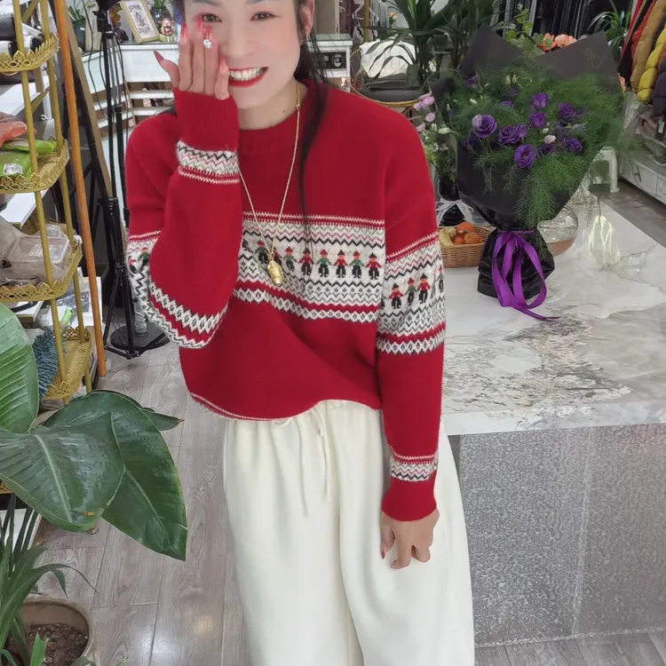 秋冬费尔岛提花慵懒风针织套头毛衣女新款百搭内搭