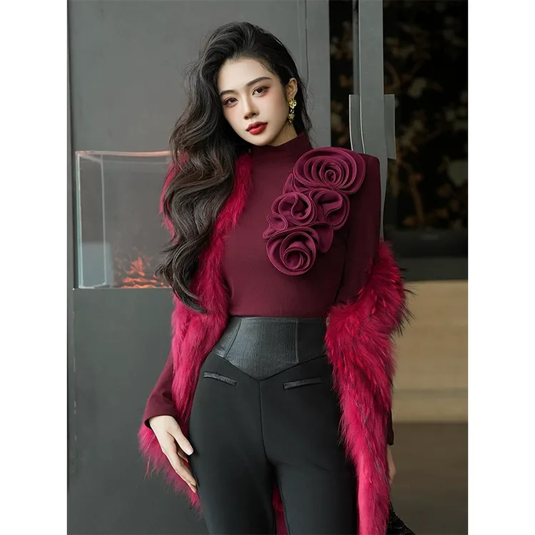 性感纯欲立体花朵拼接高领长袖打底衫女秋冬新款修身显瘦气质上衣