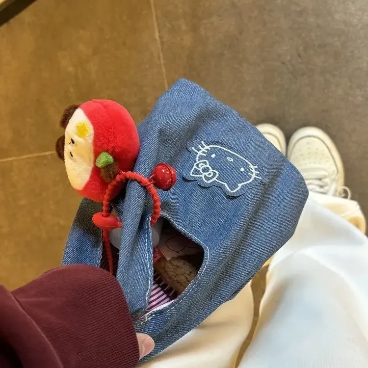 可爱新款牛仔kitty通勤刺绣拎包便携收纳外出撞色手提小包包