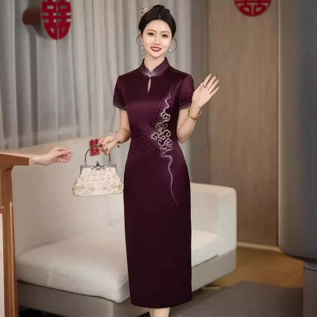 喜婆婆礼服五月结婚妈妈装新中式旗袍婚宴装高端醋酸酒红长款大码