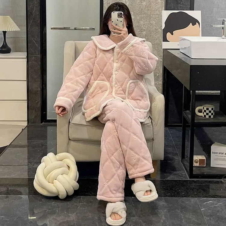冬季加绒加厚珊瑚绒睡衣女新款三层夹棉袄甜美粉色保暖家居服套装