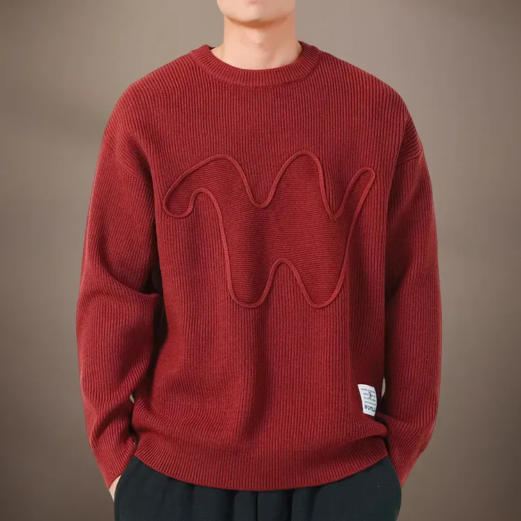 秋冬季刺绣设计感针织衫男宽松美式休闲慵懒风红色情侣毛衣外套