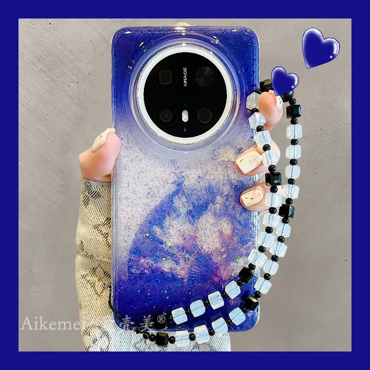 适用华为mate70pro+手机壳新中式蓝色mate60pro+晕染闪粉扇子链条