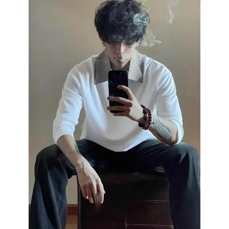 美式千鸟格v领卫衣男春秋cleanfit重磅复古拼接领口正肩长袖上衣