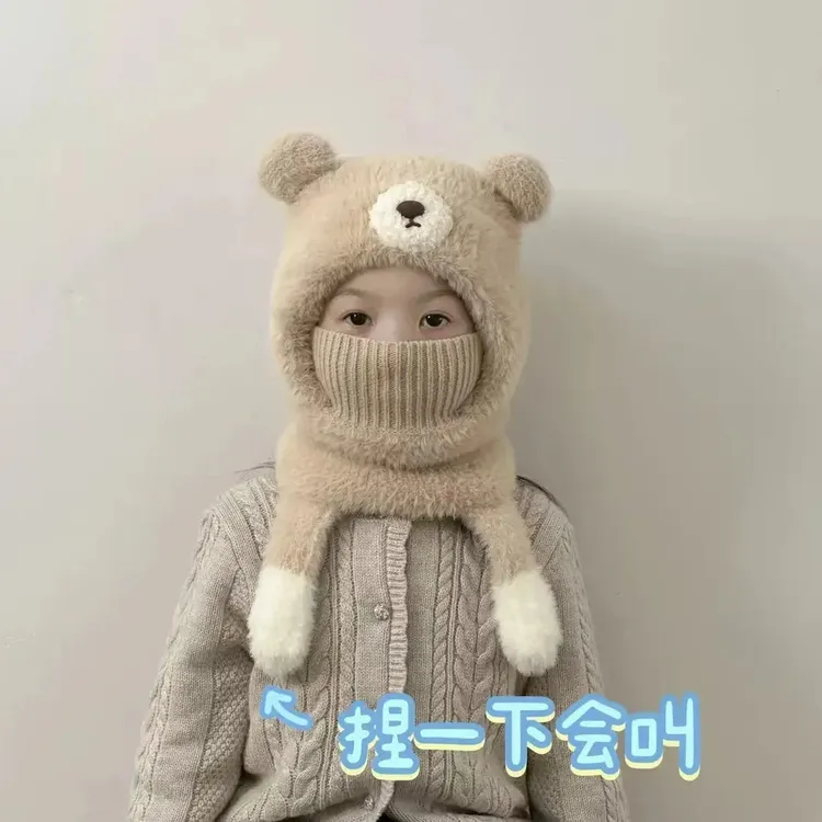 新款2025儿童冬季帽子防风围脖女童毛绒帽保暖加厚围巾一体帽户外